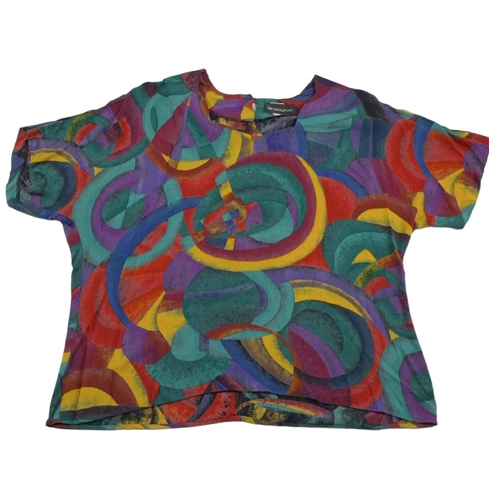 Vtg IN GROUP LTD Abstract Geometric Print Blouse Women's Sz 12 Multicolor Rayon